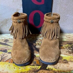 Minnetonka Fringe Suede Moccasins Brown Sz 8 Boho Native Festival Pre-loved